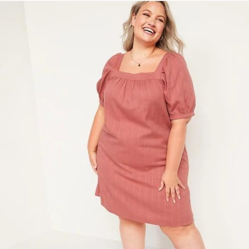 Old Navy Puff-Sleeve Dobby Mini Swing Dress Dusty Red Rose Pink Cotton XL Tall